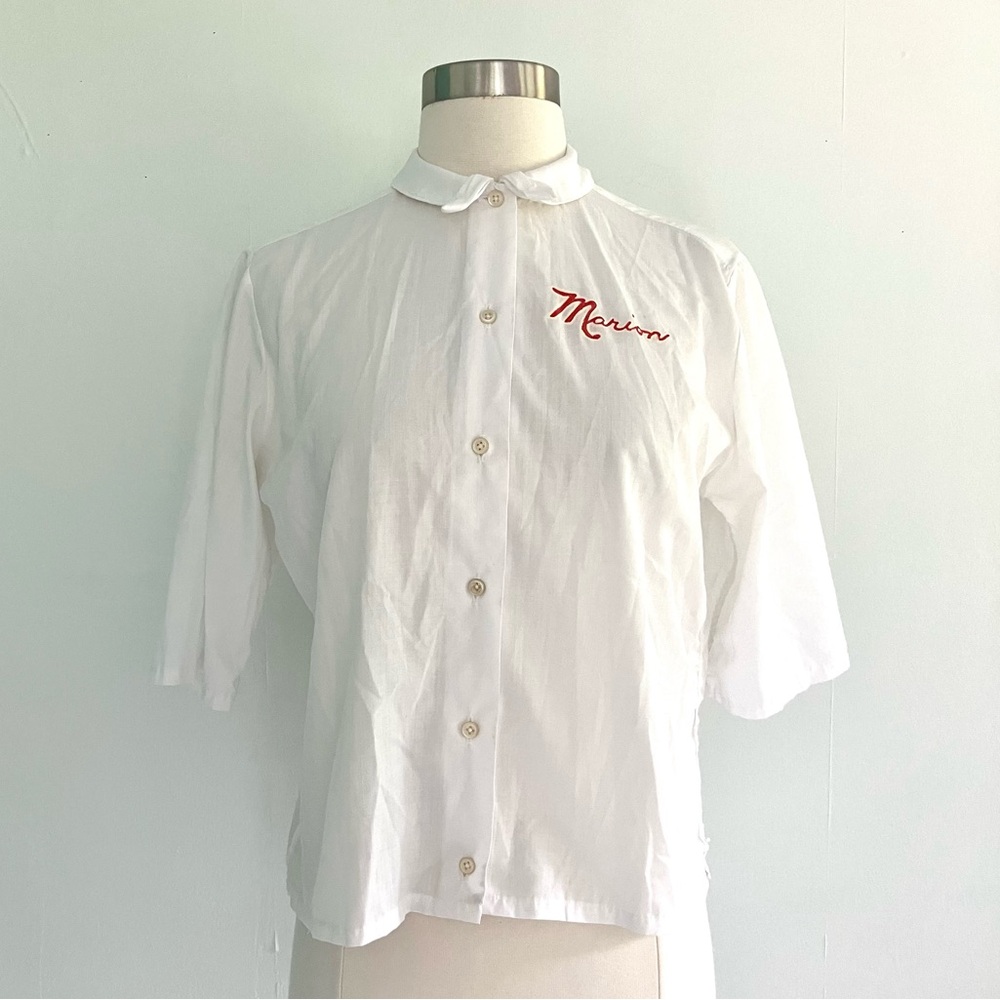 Vintage 50’s white hand painted Marion button down 3/4 sleeve shirt top blouse
